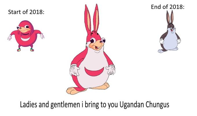 End of 2018: Start of 2018: Ladies and gentlemen i bring to you Ugandan Chungus mammal cartoon text vertebrate rabbit rabits and hares bird